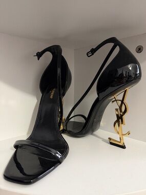 Saint Laurent Black Patent Opyum Logo-Heel Sandals